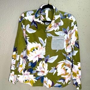 Stars Above Women's Olive Green Floral Print Long Sleeved Shirt Top; L